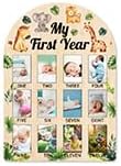 ORIGACH My First Year Baby Growth Photo Display Wood Board - 12 Months Newborn Milestones Picture Frame - Neutral Baby Keepsake Board 1st Birthday Party Nursery Decor New Mom Gift - Jungle Animals