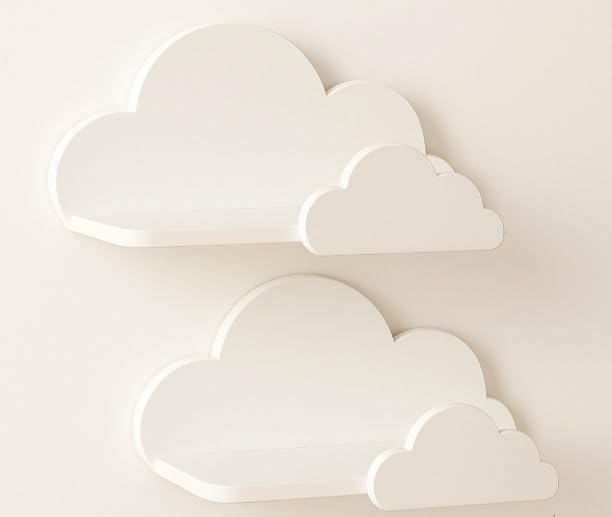 BugyBagy Cloud Wall Shelf – Decorative Wooden Floating Shelf for Nursery, Kids Room – Multiple Colors & Light Options (White Cloud Shelf Set of 2 – No Light)