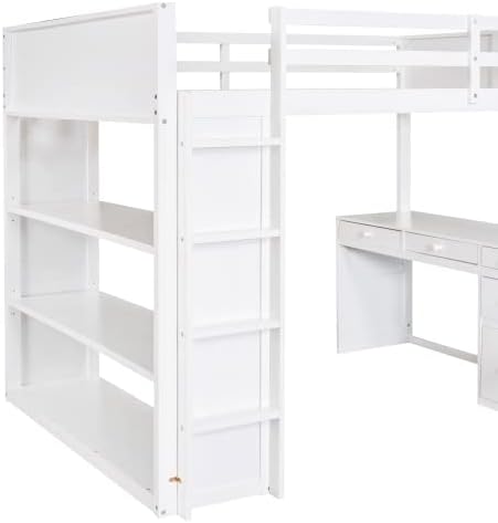 CITYLIGHT Kids Loft Bed with Desk and 4 Drawers, Full Size Wooden Loft Bed Frame with 3 Open Shelves (Full, White)
