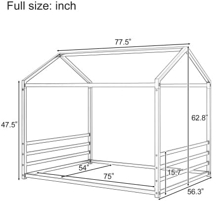 Harper & Bright Designs Full Size Montessori Floor Bed for Children, Metal House Bed Frame with Roof and Fence, Kids Floor Bed Frame for Boys Girls, Easy Assemble, No Slats,White