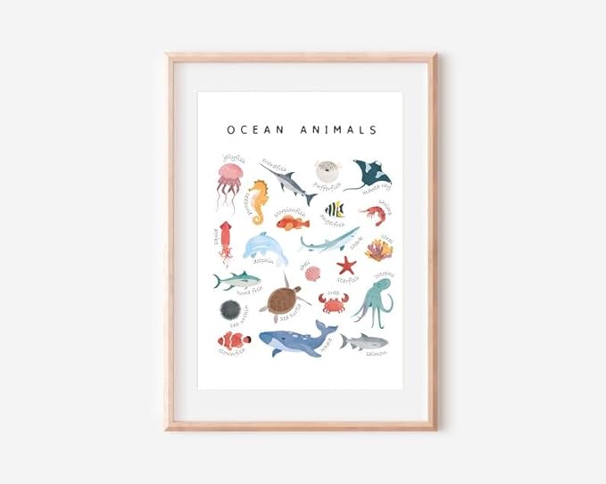 OZCONO Ocean Animals Learning Poster, Vibrant Sea Life Chart Kids, Preschool Wall Decor Art, Homeschool Education Guide (Unframed) (27x40)