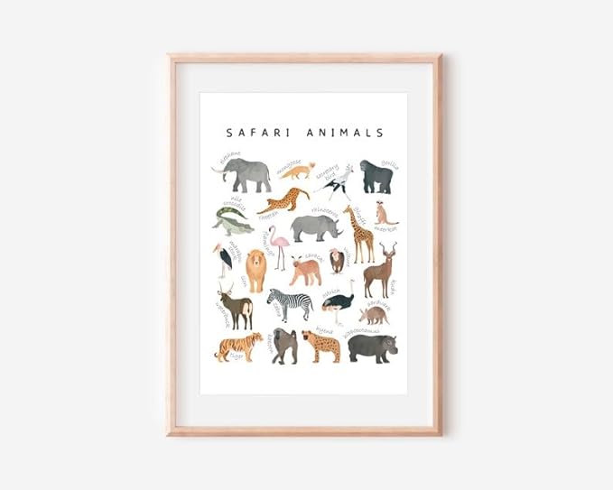OZCONO Safari Animals Poster, Educational Jungle Chart for Kids, Playful Nursery Wall Decor, Montessori Learning, Homeschool Wildlife (Unframed) (12x18)