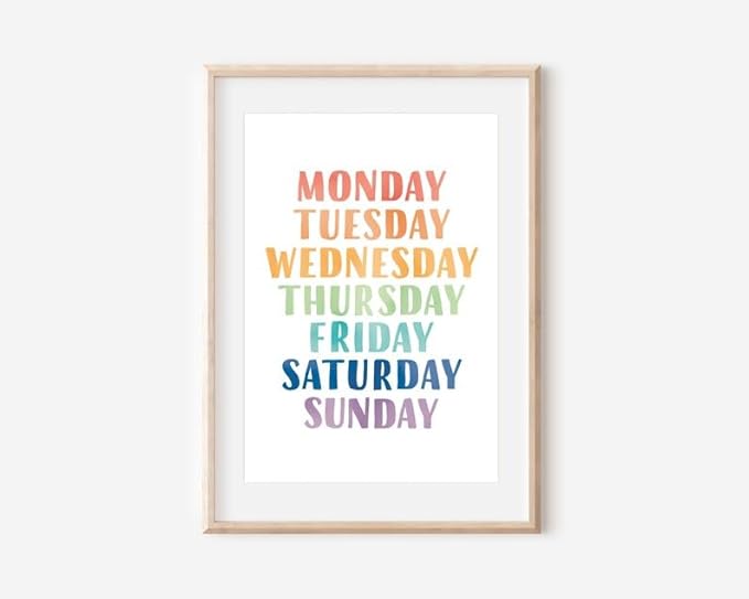 OZCONO Rainbow Days Week Poster, Colorful Learning Chart Kids, Preschool Wall Decor Art, Homeschool Education Guide (Unframed) (12x18)