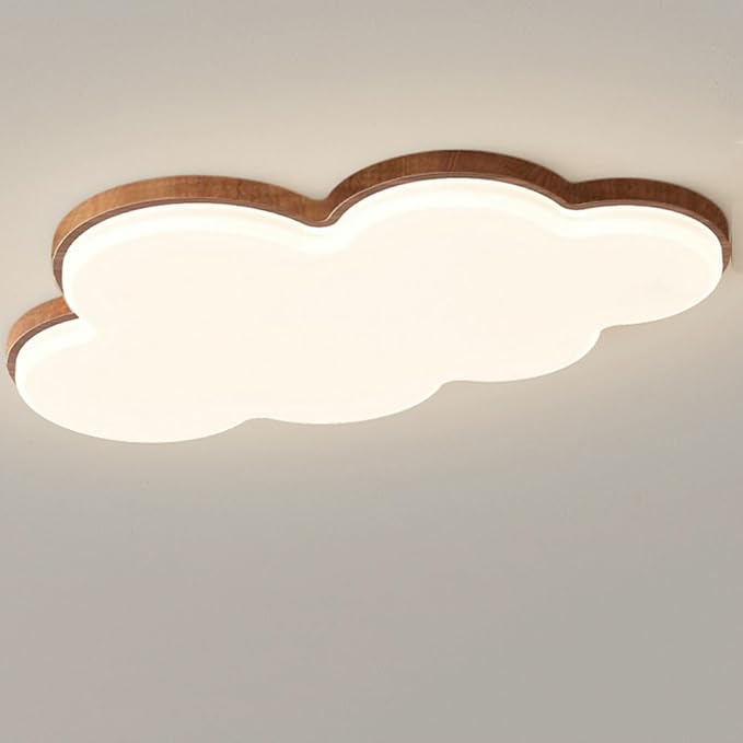 Cute Cloud LED Ceiling Light Wood Grain Edge White Flush Mount Fixture Diameter 55CM for Kids Room Nursery Bedroom Modern Decor Lighting