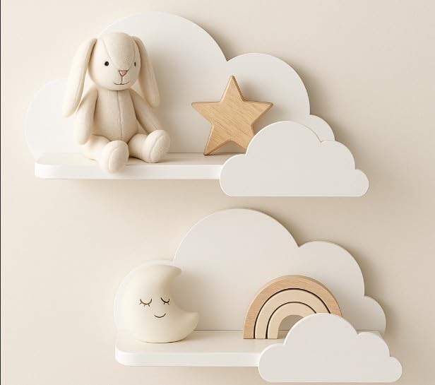 BugyBagy Cloud Wall Shelf – Decorative Wooden Floating Shelf for Nursery, Kids Room – Multiple Colors & Light Options (White Cloud Shelf Set of 2 – No Light)