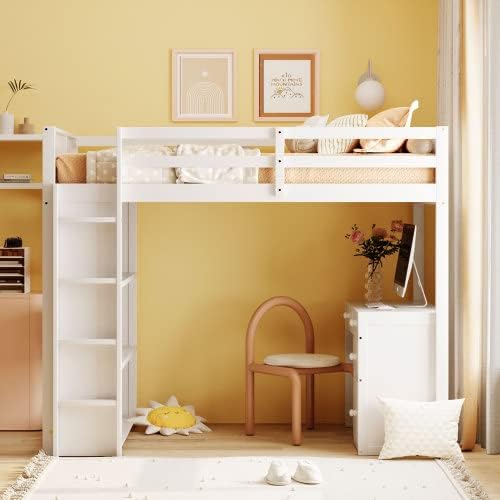 CITYLIGHT Kids Loft Bed with Desk and 4 Drawers, Twin Size Wooden Loft Bed Frame with 3 Open Shelves (Twin, White)