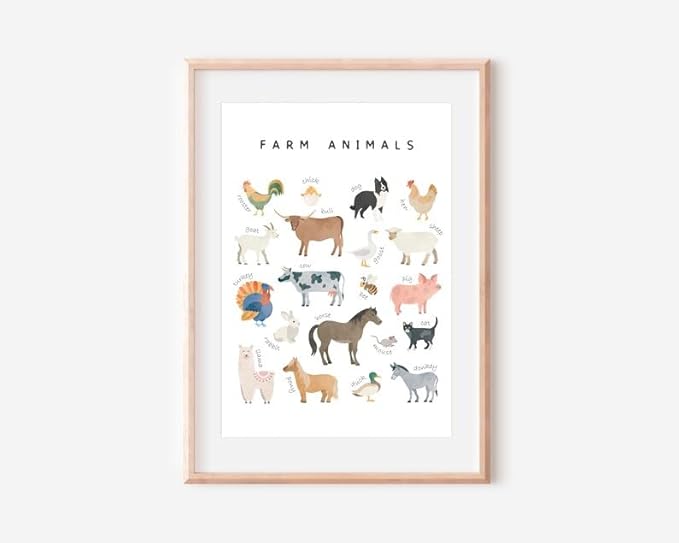 OZCONO Farm Animals Learning Poster, Vibrant Rural Wildlife Chart Kids, Playroom Wall Decor Art, Homeschool Education Guide (Unframed) (11x14)