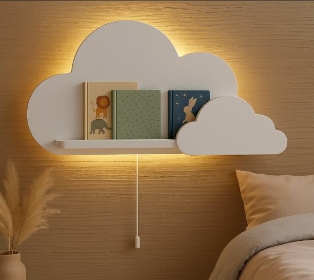 BugyBagy Cloud Wall Shelf – Decorative Wooden Floating Shelf for Nursery, Kids Room – Multiple Colors & Light Options (White Cloud Shelf - with Light)