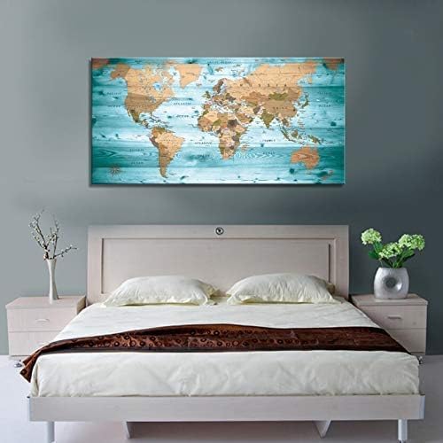 Large Wall Art Blue map of The World Painting Ready to Hang 29"x58"Large Framed Wall Art World Map Canvas Map Decorations Artwork Prints