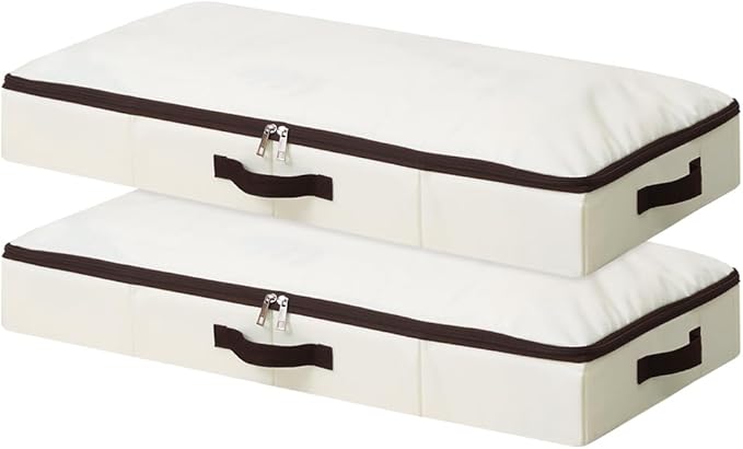 AMJ 2 Pack Foldable Under Bed Storage Basket Container, Sturdy Clothes Storage Drawer Organizer for Clothes, Shoes,Toys, Blanket, Comforter Organizers Bins, Beige