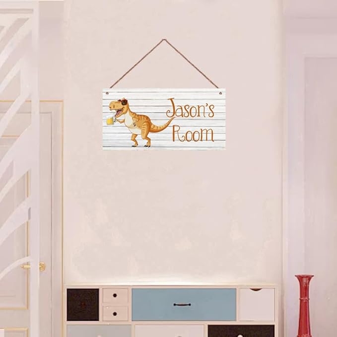 Personalized Sign Cute Dinosaur Sign Cartoon Art Décor For Kids Room Custom Name Door Wall Decor, Floral Nursery Art Plate For Boys Room Girls Bedroom Little Man Cave