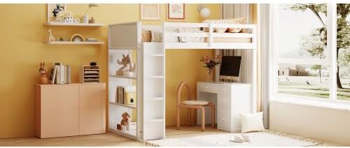 CITYLIGHT Kids Loft Bed with Desk and 4 Drawers, Twin Size Wooden Loft Bed Frame with 3 Open Shelves (Twin, White)