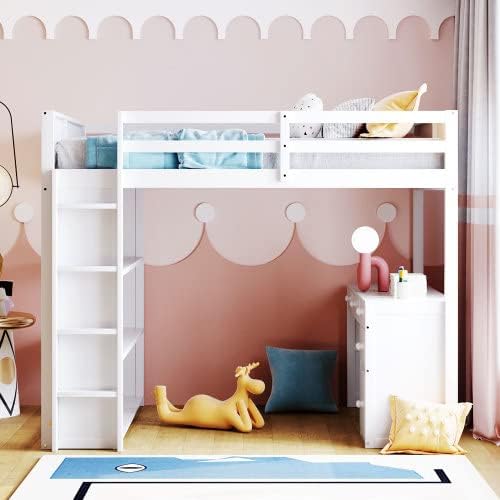 CITYLIGHT Kids Loft Bed with Desk and 4 Drawers, Full Size Wooden Loft Bed Frame with 3 Open Shelves (Full, White)