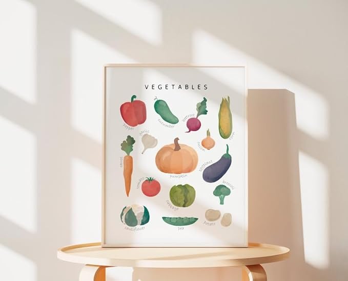 OZCONO Vegetables and Fruits Educational Posters, Harvest Chart Kids, Classroom Decor, Rainbow Nursery Wall Art, Homeschool Education Guide (Unframed) (11x14)