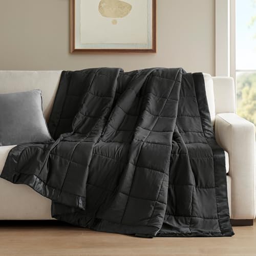 Madison Park Twin Size Blanket Ultra-Soft Microfiber Twin Size, Box Quilting with Satin Binding, All Season & Lightweight Twin Summer Blanket for Bed, Couch & Sofa, Twin, Black