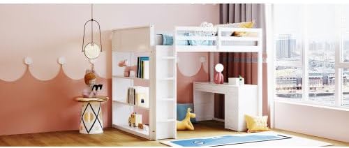 CITYLIGHT Kids Loft Bed with Desk and 4 Drawers, Full Size Wooden Loft Bed Frame with 3 Open Shelves (Full, White)