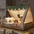 Full Size House Bed for Kids with Light and Tent, Montessori Floor Bed Full for Kids Girls Boys Teens Bedroom, White