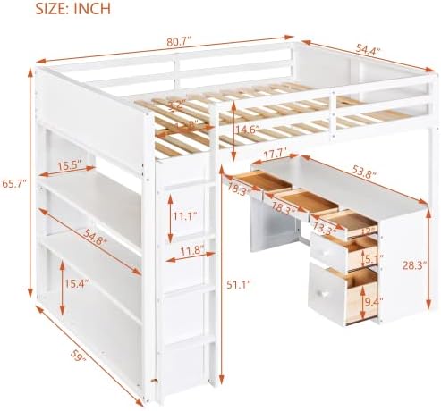 CITYLIGHT Kids Loft Bed with Desk and 4 Drawers, Full Size Wooden Loft Bed Frame with 3 Open Shelves (Full, White)