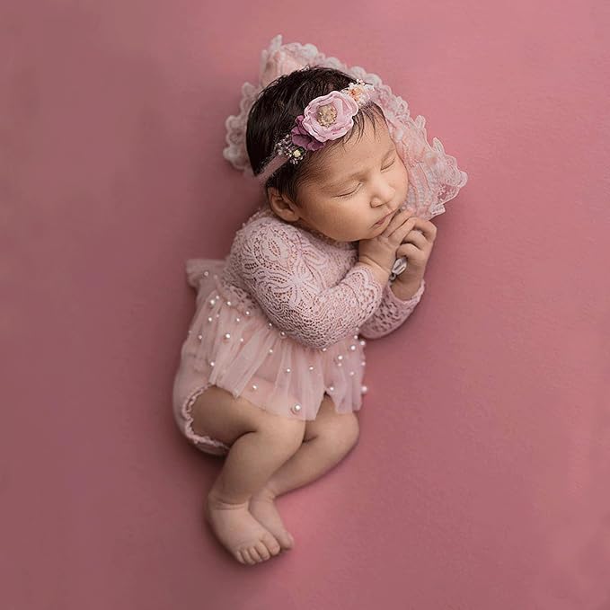 Newborn Lace Romper, 2 PCS Baby Girl Photography Props, Newborn Girl Photography Outfits with Flower Headband for Infants