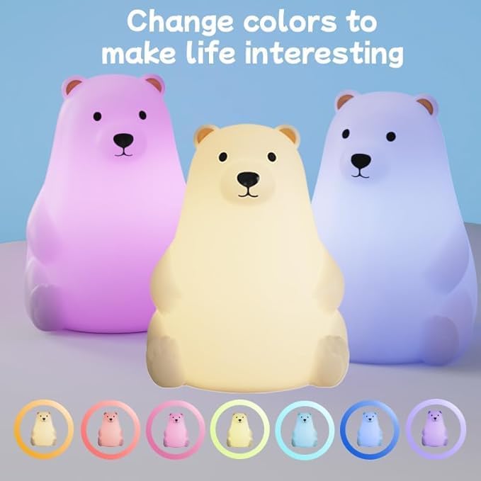 Polar Bear Silicone Night Light for Kids Nursery Bedroom - Tap Control, 3 Adjustable Brightness, USB Rechargeable, Child-Safe Soft Glow LED Lamp, Baby Gift Idea