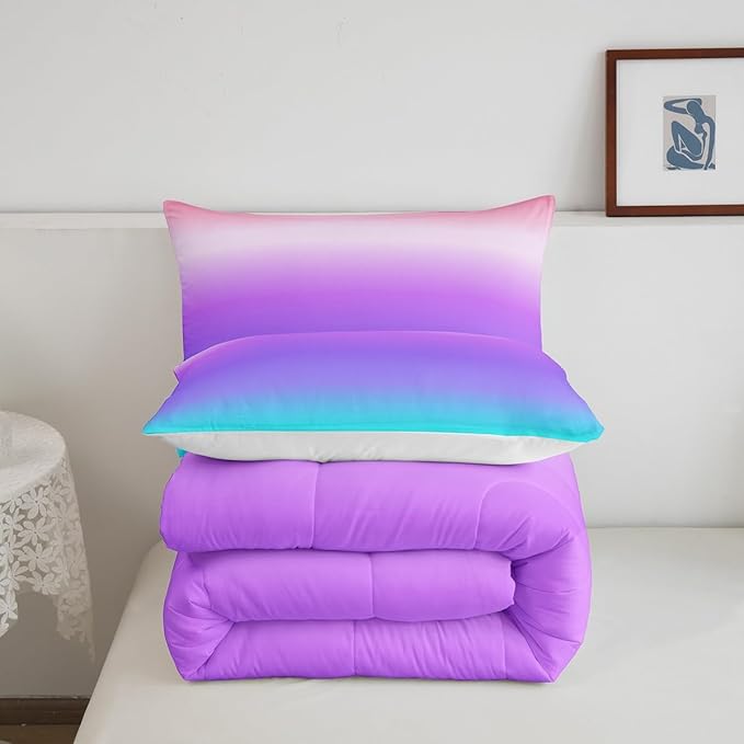 Feelyou Pink Purple Blue Comforter Full Size, Rainbow Ombre Bedding Set Kids Toddler Colorful Gradient Comforter Set for Boys Girls Colorful Duvet Set Durable Bed Set 3Pcs
