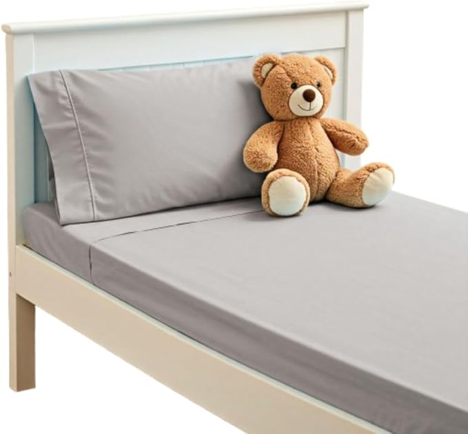 PLAIN PRINTED LINEN 3-Piece Toddler Sheet Set, 100% Cotton Fitted Sheet, Flat Sheet and Envelope Pillowcase, Mini Crib Sheets (Light Grey Solid)