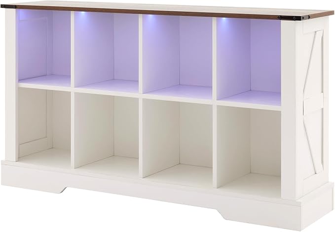 8 Cube Storage Organizer, 2 Tier Book Shelf with Led Lights, Farmhouse Book Shelves for Living Room, Horizontal Toy Storage Bookshelf, Wood Display Bookcase Cabinet for Bedroom, Office, White