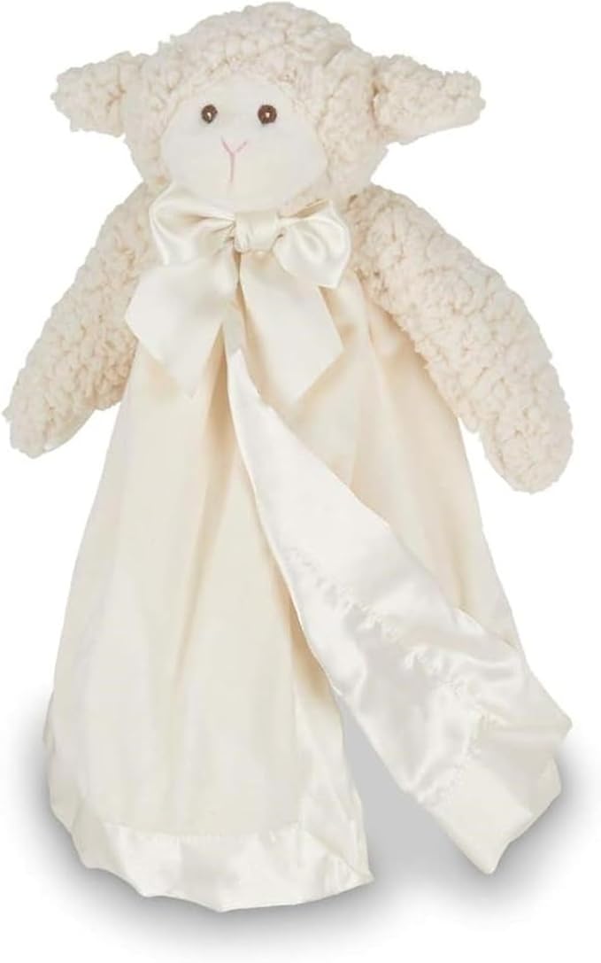 Bearington Baby Lamby Snuggler - 15" White Lamb Plush Lovey for Babies - Soft Stuffed Animal Security Blanket with Satin Bow and Embroidered Eyes - Sweet Baptism Gift Blanket for Boys and Girls