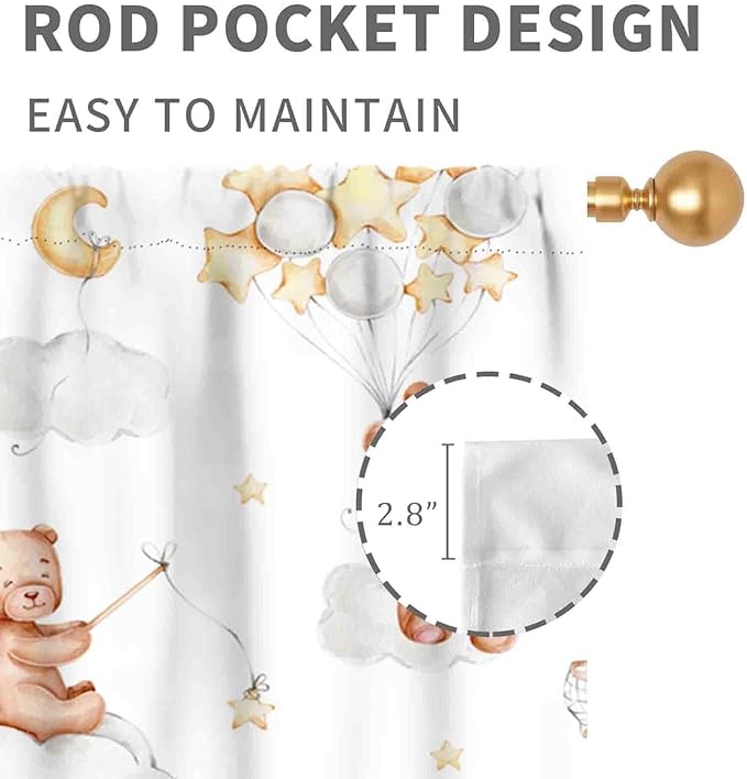 Cartoon Bear Curtains, Kids Boys Girls Cute Lovely Bear Star Cloud Ballon Pastel Window for Baby Living Room Bedroom Nursey Toddler Classroom 2 Panels, 84"x84" Inch