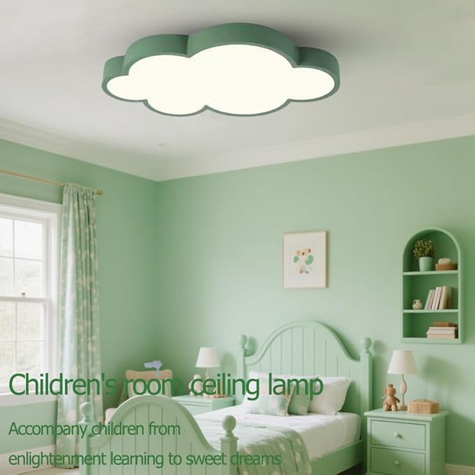 Kids Room Light Fixture/Cloud Shape LED Ceiling Light, 22 inch, 48W, Remote Control with 3 Colors & Dimming, Green Frame