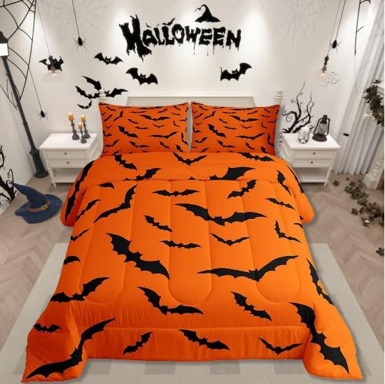 Erosebridal Halloween Comforter Set Gothic Bats Bedding Set Queen Size,Spooky Silhouette Bat Quilt for Kids Boys Girls Adults Flying Mysterious Animals Down Comforter,Horror Spooky Home Decor