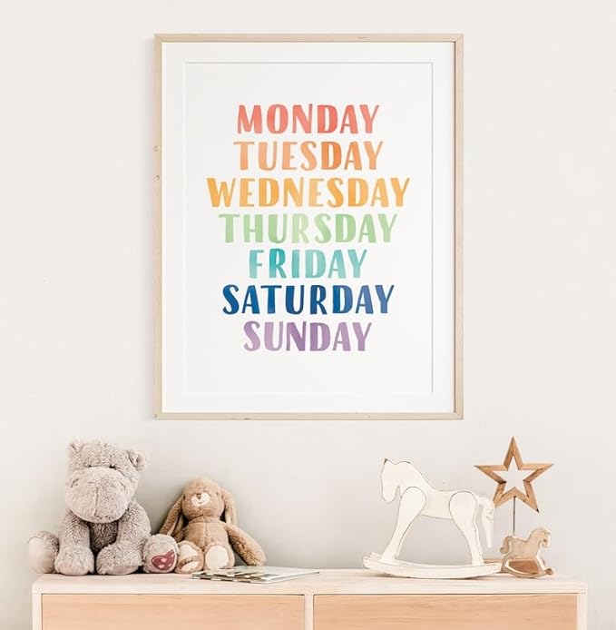 OZCONO Rainbow Days Week Poster, Colorful Learning Chart Kids, Preschool Wall Decor Art, Homeschool Education Guide (Unframed) (16x24)