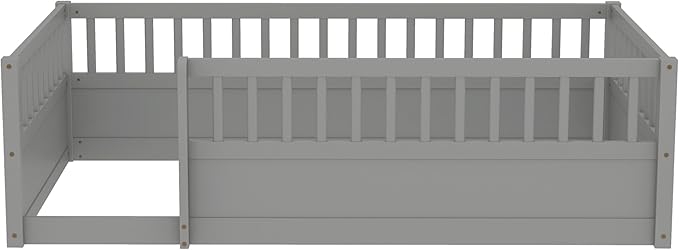 Bellemave Twin Size Floor Bed with high Rails for Kids, Girls, Boys, Wood Montessori Floor Bed Without Door, Gray