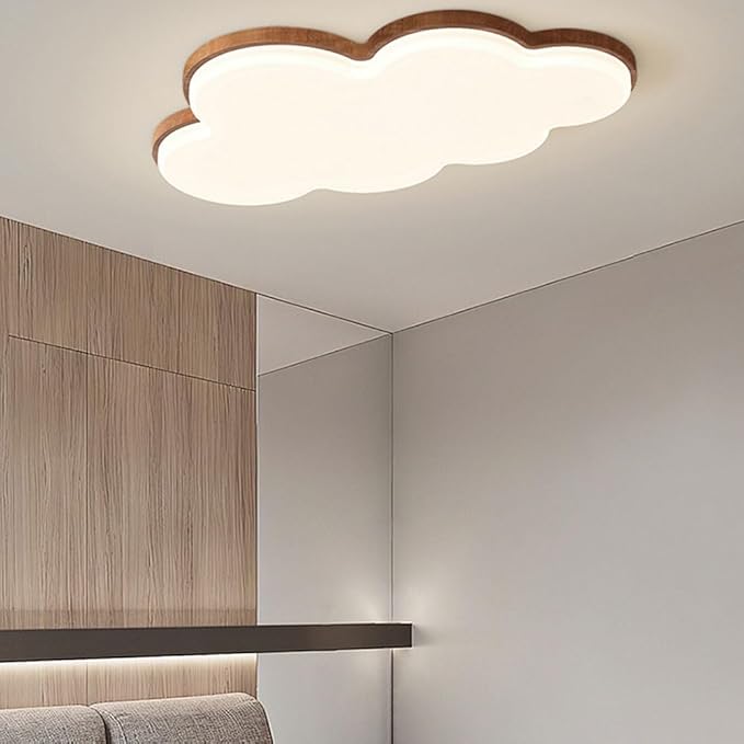 Cute Cloud LED Ceiling Light Wood Grain Edge White Flush Mount Fixture Diameter 55CM for Kids Room Nursery Bedroom Modern Decor Lighting