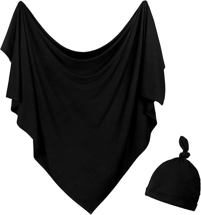 Newborn Swaddle Blanket with Hat Set Baby Swaddle Set Hospital Receiving Blankets for Girls Boys(Black)