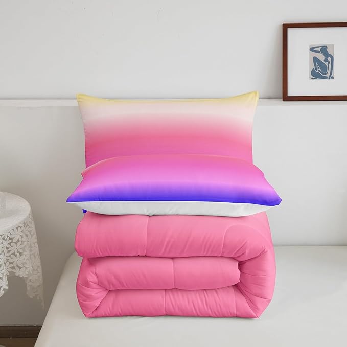Feelyou Ombre Comforter Twin, Pink Purple Ombre Comforter Set for Boys Girls Rainbow Gradient Duvet Set 2Pcs