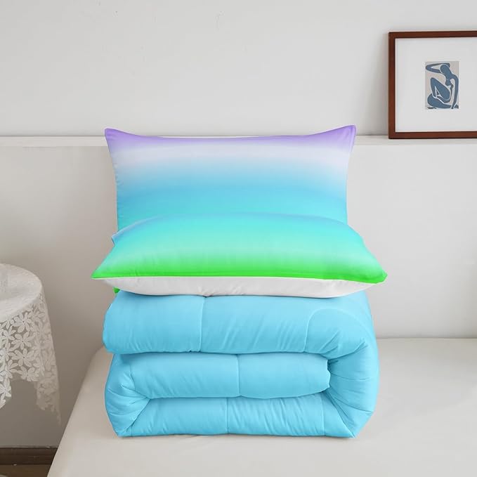 Feelyou Blue Green Ombre Comforter King Size, Colorful Gradient Comforter Set for Boys Girls Rainbow Ombre Bedding Set Luxury Modern Duvet Set Decorative Microfiber Bed Set