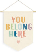 Welcome Sign for Boho Classroom, You Belong Here Inspirational Linen Canvas Banner, Classroom Must Haves, Schoolgirl Style Classroom Wall Hanging Pennant Flag Banner for Preschool Decor,15x11in