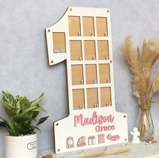 My First Year Photo Frame | Wooden Picture Display, Custom 1 Year Old Birthday Photo Board, Personalized Picture Frame Gift