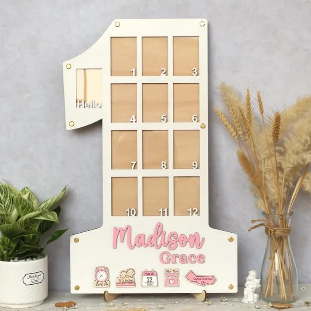My First Year Photo Frame | Wooden Picture Display, Custom 1 Year Old Birthday Photo Board, Personalized Picture Frame Gift