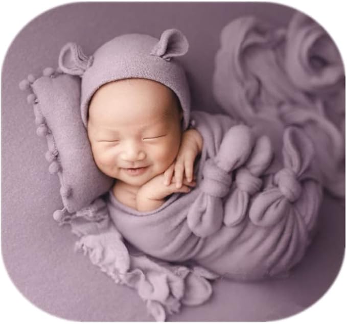Vemonllas Newborn Baby Boy Girl Photography Props Bow Wrap, Posing Aid, Hat and Blanket Set of 4 Pcs