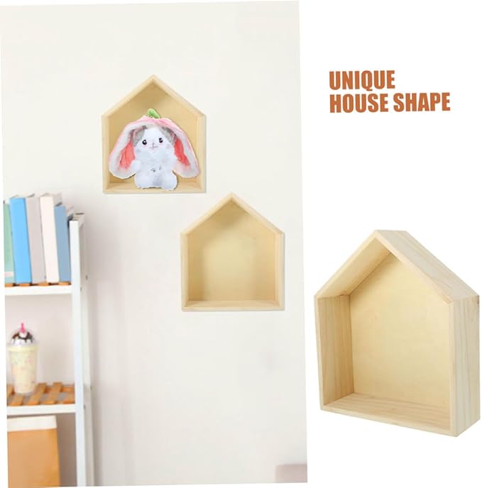 2pcs Wooden House-Shaped Floating Wall Shelf Solid Wood Storage Rack for Bedroom Living Office Decorative Display for Figures Picture Frames
