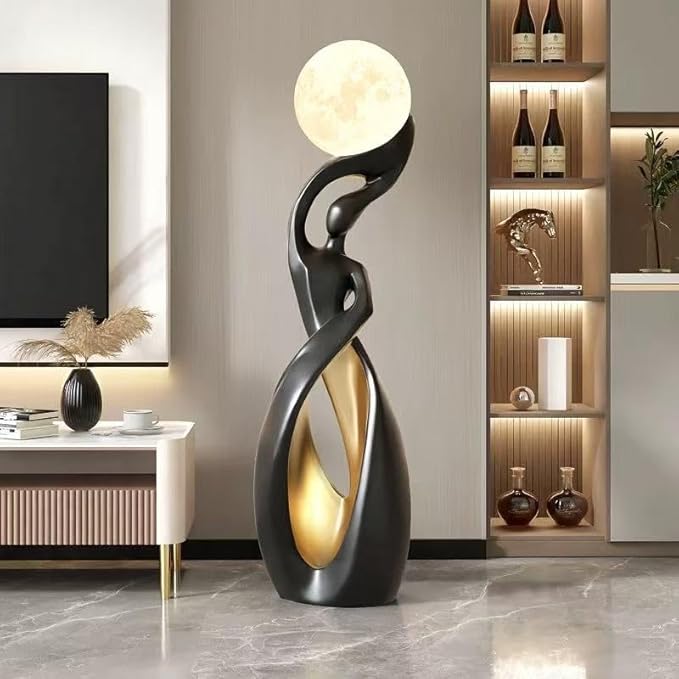 Bofea-Unique Floor Lamp with Moon Lamp,Creative Black Gold Standing Lamps,Art Deco Floor Light with Rechargeable Globe Lights,Modern Resin Accent Dancing Girls Statue for Living Room Bedroom Home
