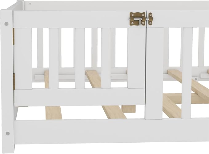 Harper & Bright Designs Full Floor Bed with Safety High Fence, Wood Montessori Bed with Door, Full Size Floor Beds with Solid Wood Support Slats for Boys, Girls, Kids, White