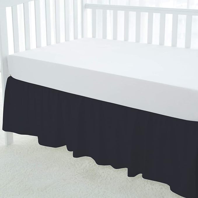 100% Egyptian Cotton, Nursery Crib Toddler (24" x 38" + 10") 800 Thread Count Crib Skirt Dust Ruffle, Bedding Skirts for Baby Boys or Girls, 10" Drop, Black Solid