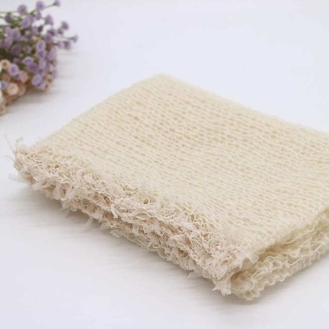 Newborn Infant Baby Boys Girls Photography Props Mohair Hat Wrap Blanket Cloth Set (Creamy-White)