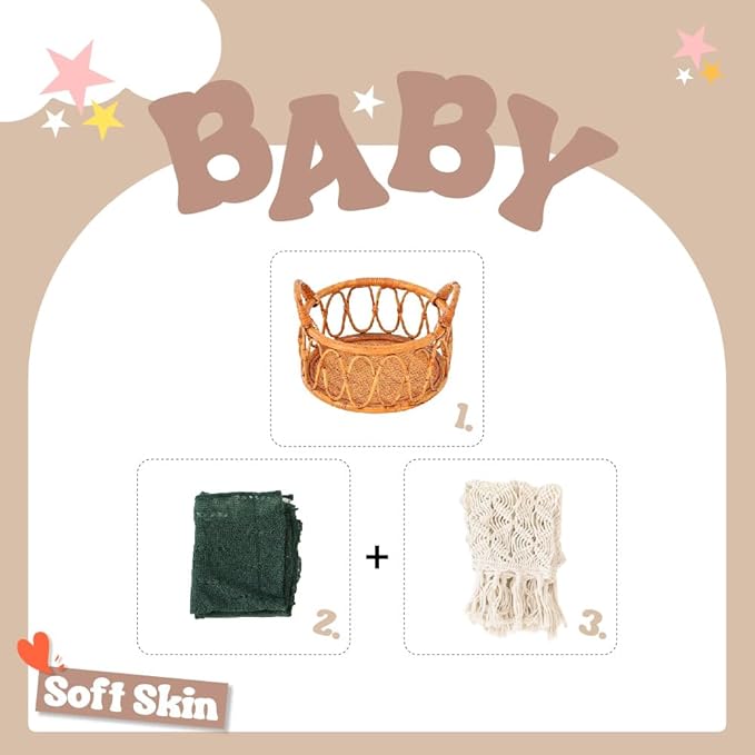 Kate Newborn Photography Props Rattan Circular Basket Handcrafted Bed Mini Bed with Boho Woven Blanket and Stretch Wrap for Baby Photography Posing Props Photoshoot