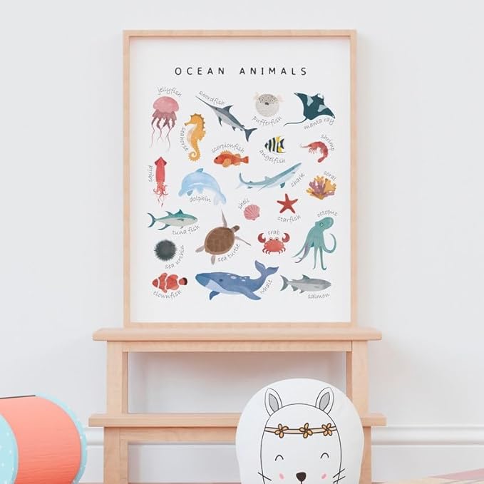 OZCONO Ocean Animals Learning Poster, Vibrant Sea Life Chart Kids, Preschool Wall Decor Art, Homeschool Education Guide (Unframed) (11x14)