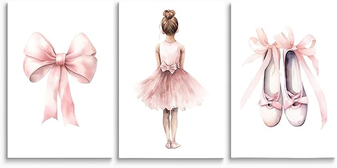 Set of 3 Baby Girl Pink Ballet Nursery Wall Art, Girl's Room Ballet Dancer Posters, Pink Bow Dancing Shoes, Girls Nursery Wall Decor, Toddlers Girl Bedroom Canvas Print, Framed 12"x16"