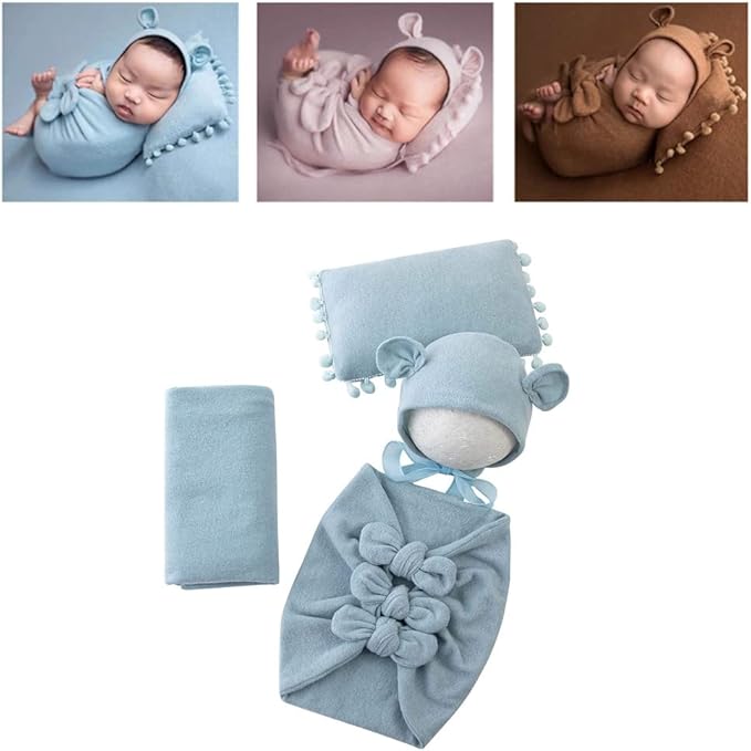 Vemonllas Newborn Baby Boy Girl Photography Props Bow Wrap, Posing Aid, Hat and Blanket Set of 4 Pcs